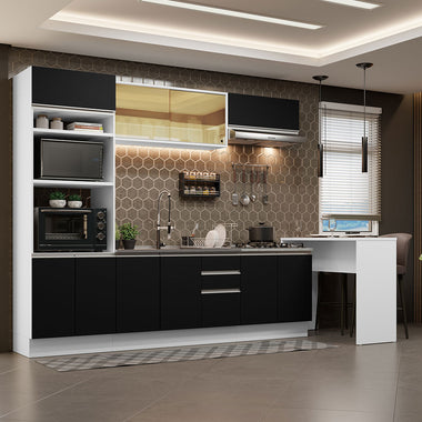 Kit Cocina Integral 315 cm y Barra de Cocina Blanco/Negro Glamy Madesa