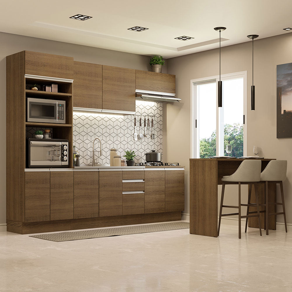 Kit Cocina Integral 385 cm y Barra de Cocina Marrón Glamy Madesa