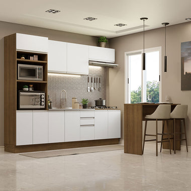 Kit Cocina Integral 385 cm y Barra de Cocina Marrón/Blanco Glamy Madesa