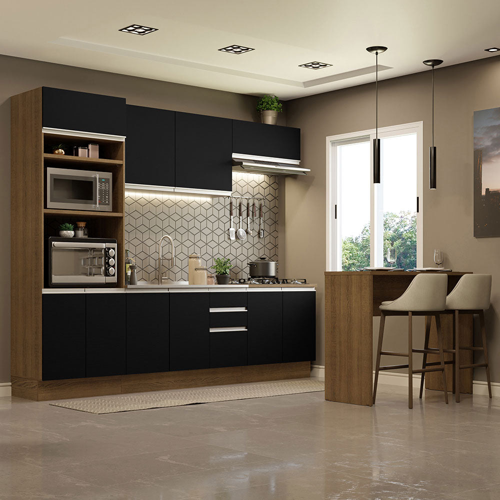 Kit Cocina Integral 315 cm y Barra de Cocina Marrón/Negro Glamy Madesa