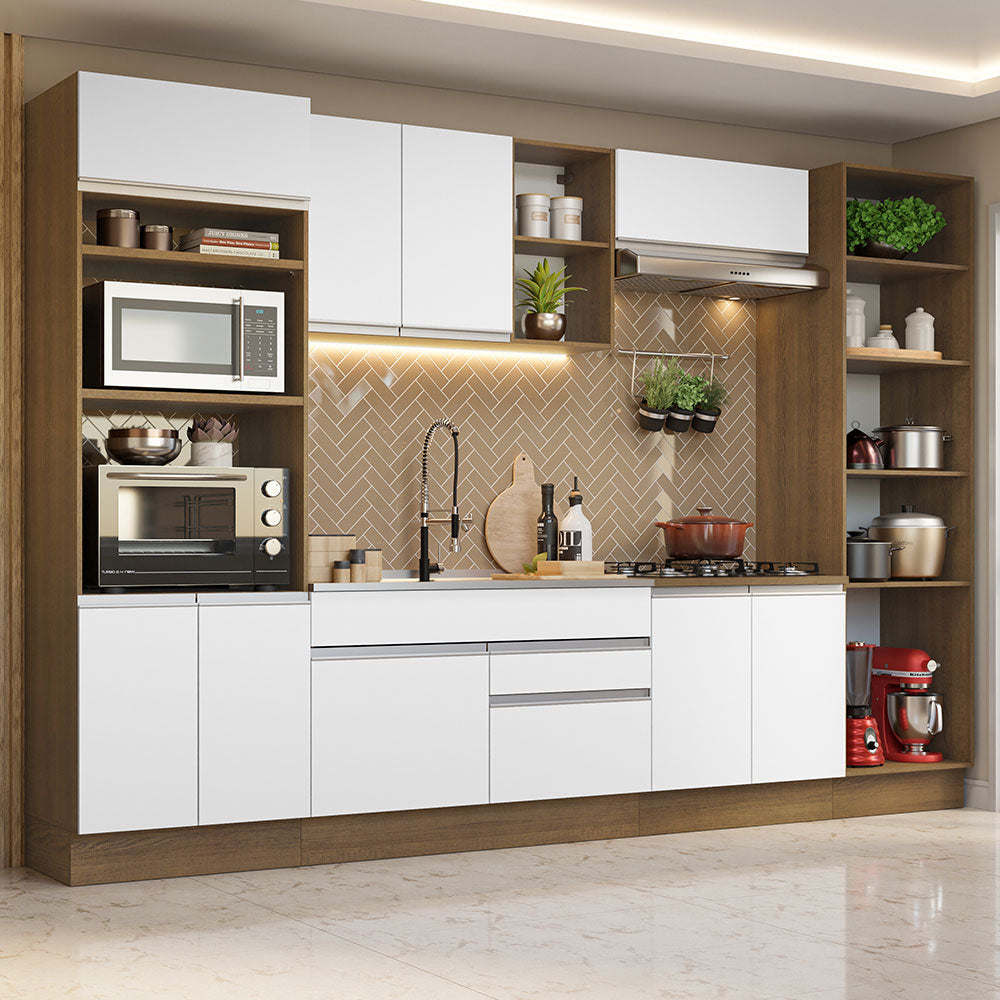 Cocina Integral 330 cm Con Mueble para Horno y Despensa Abierta Marrón/Blanco Glamy Madesa