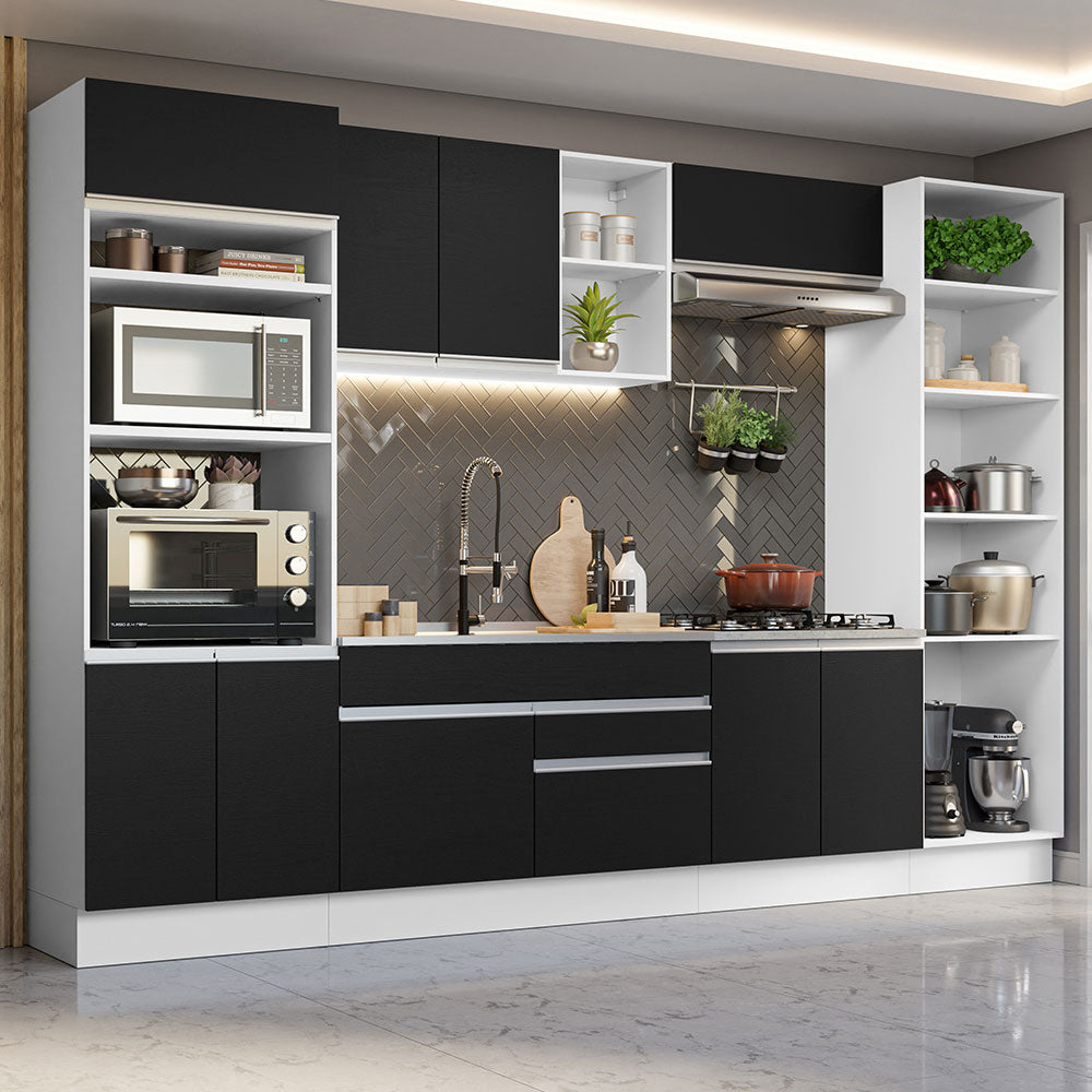 Cocina Integral 330 cm Con Mueble para Horno y Despensa Abierta Blanco/Negro Glamy Madesa