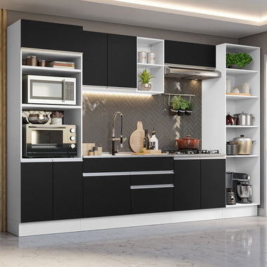 Cocina Integral 330 cm Con Mueble para Horno y Despensa Abierta Blanco/Negro Glamy Madesa
