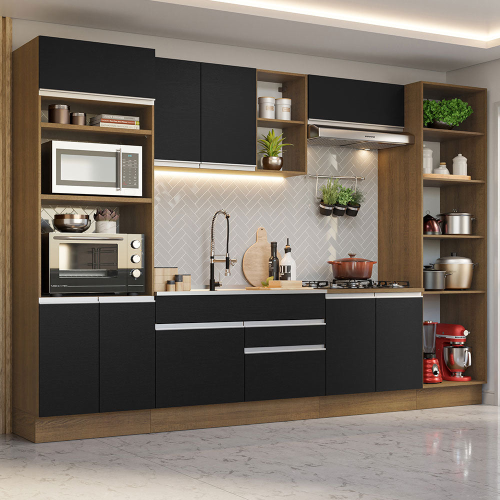 Cocina Integral 330 cm Con Mueble para Horno y Despensa Abierta Marrón/Negro Glamy Madesa