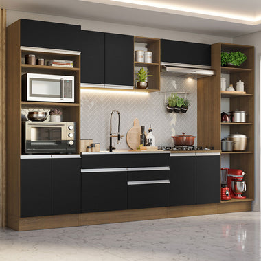 Cocina Integral 330 cm Con Mueble para Horno y Despensa Abierta Marrón/Negro Glamy Madesa