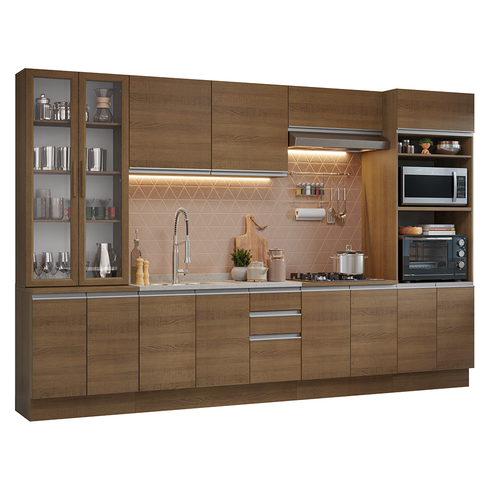 Cocina Integral 340 cm Con Vitrina y Mueble para Horno Marrón Glamy Madesa