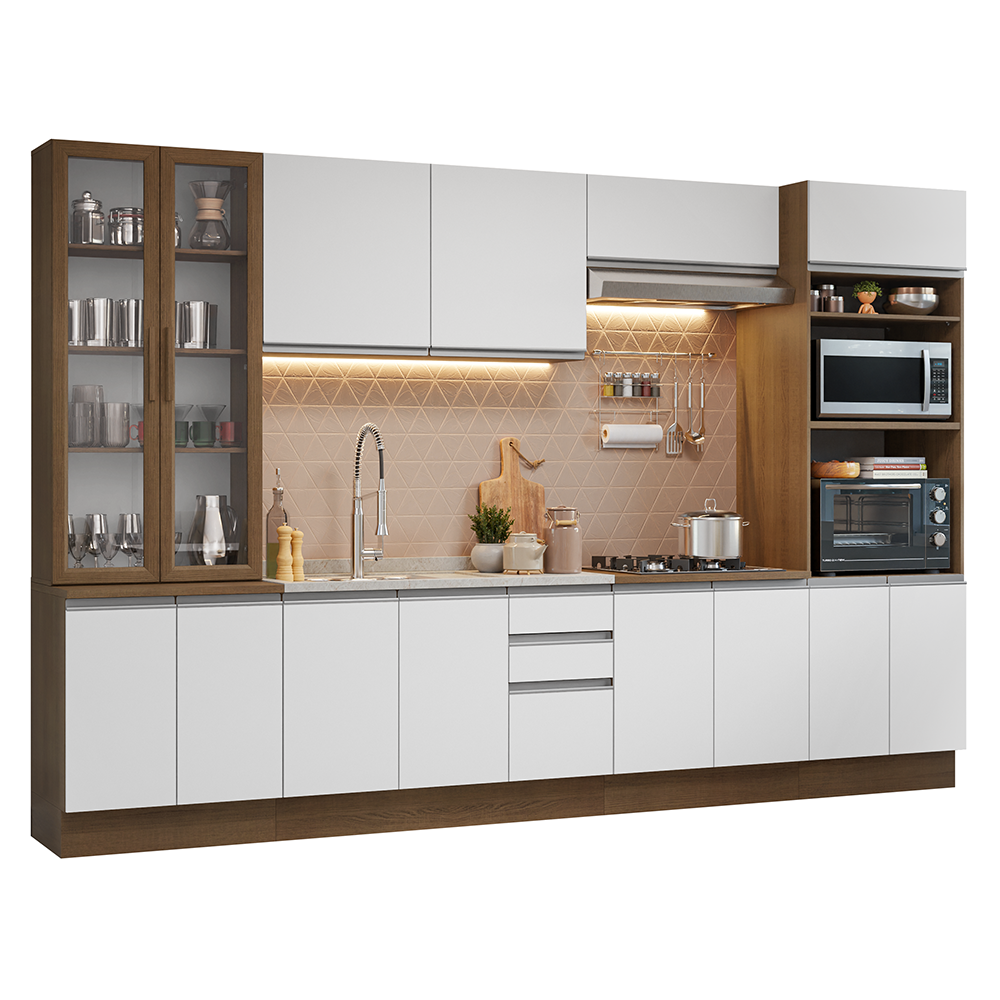 Cocina Integral 340 cm Con Vitrina y Mueble para Horno Marrón/Blanco Glamy Madesa
