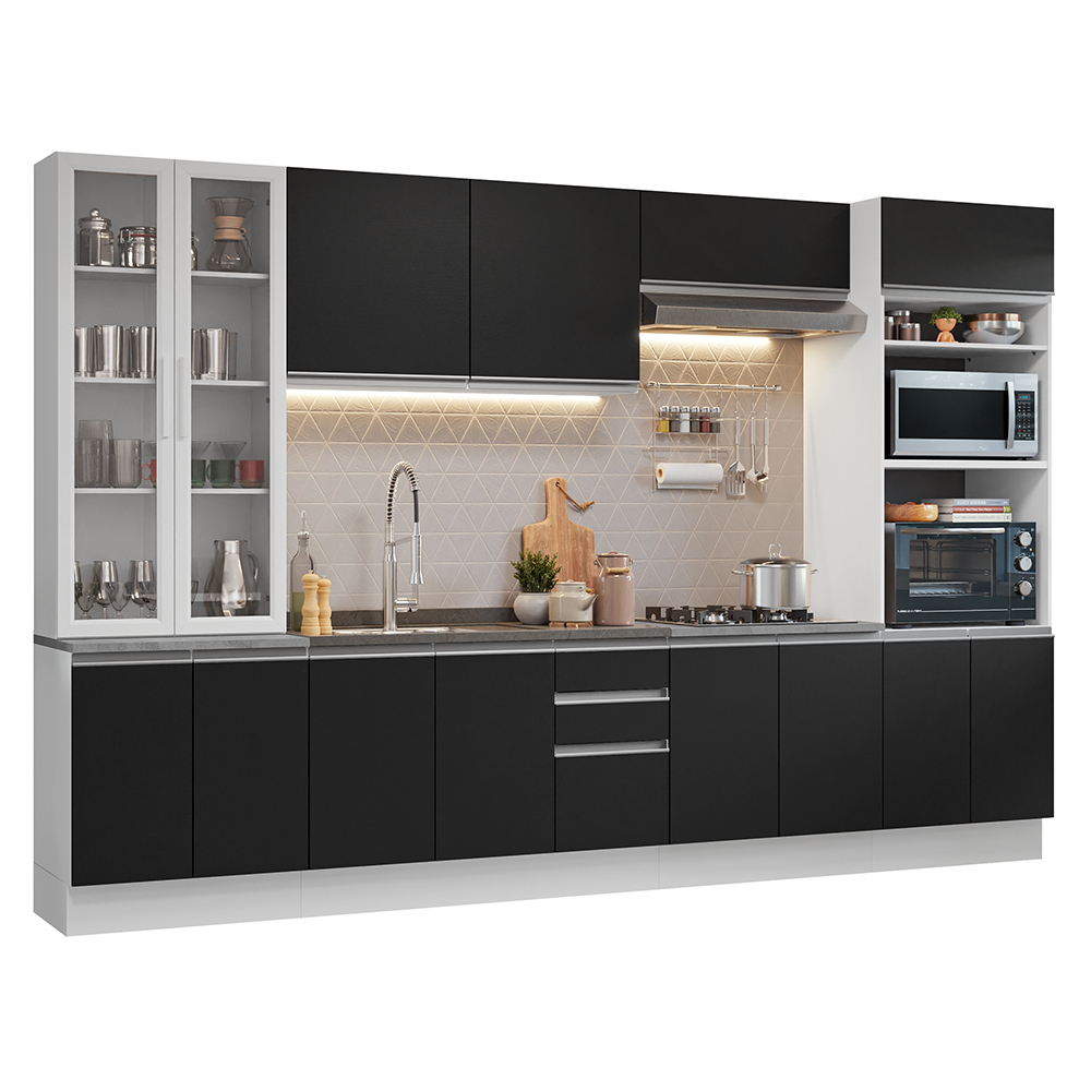 Cocina Integral 340 cm Con Vitrina y Mueble para Horno Blanco/Negro Glamy Madesa