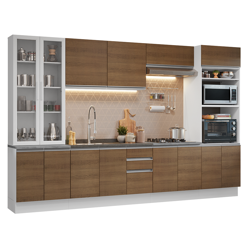 Cocina Integral 340 cm Con Vitrina y Mueble para Horno Blanco/Marrón Glamy Madesa