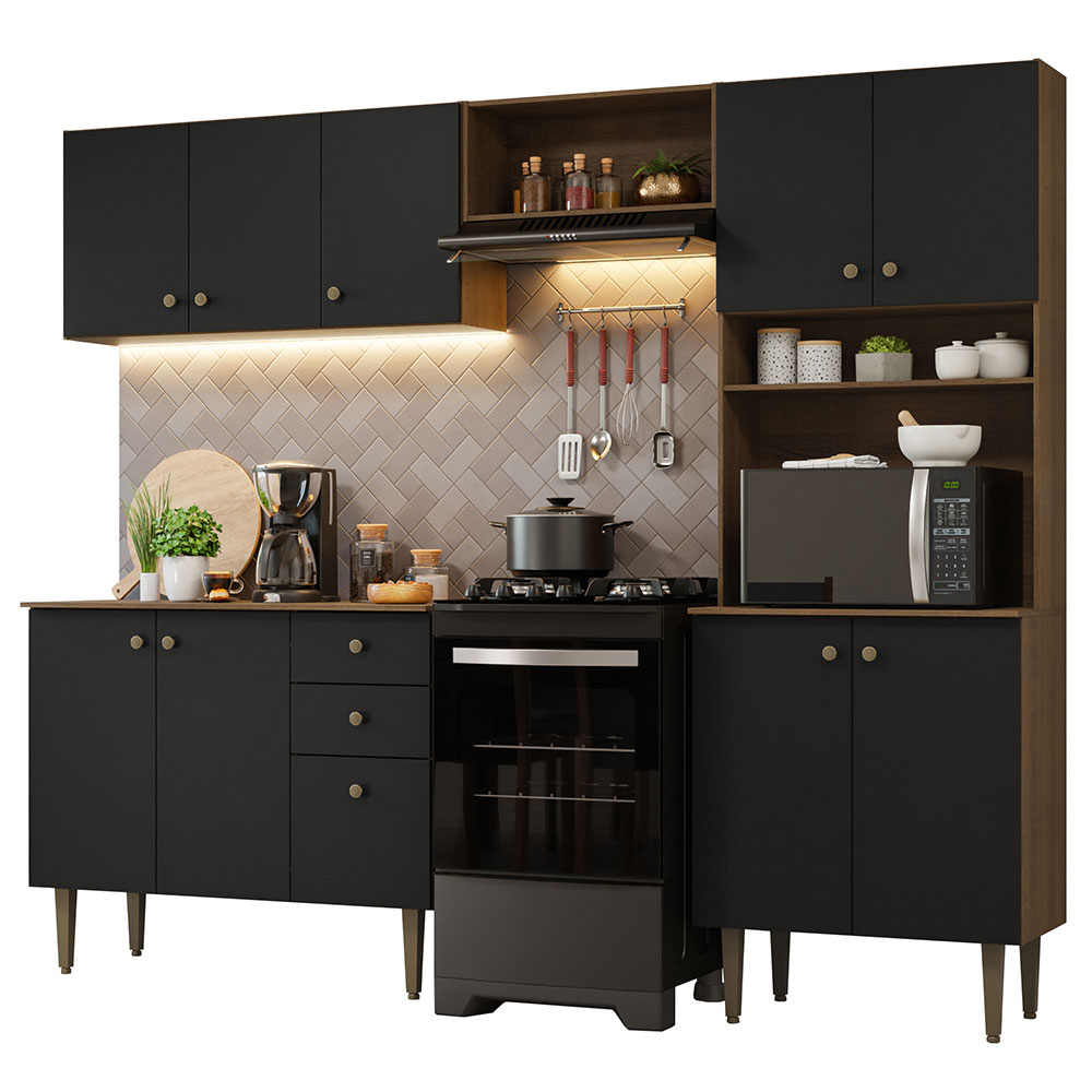 Cocina Compacta 235 cm Con Mueble para Horno Marrón/Negro Gourmet Madesa