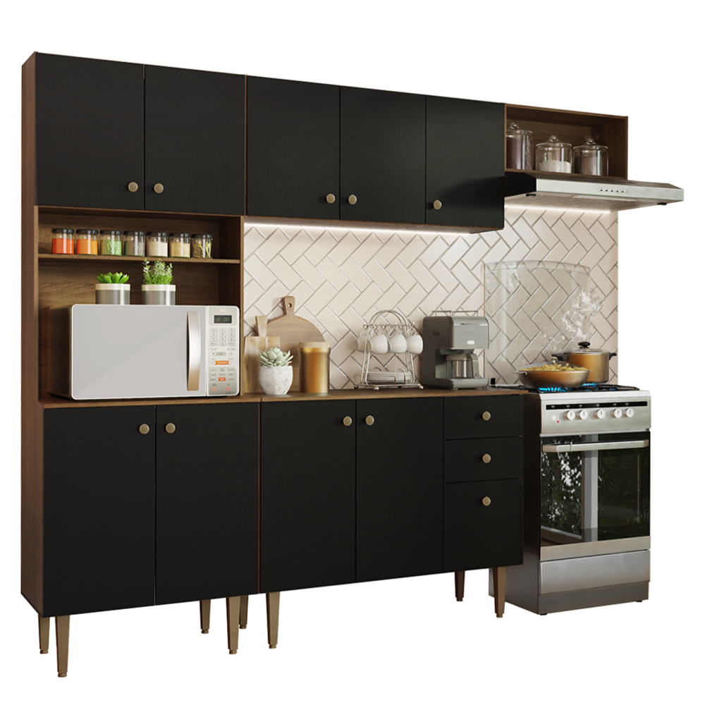 Cocina Compacta 235 cm Con Mueble para Horno Marrón/Negro Gourmet Madesa