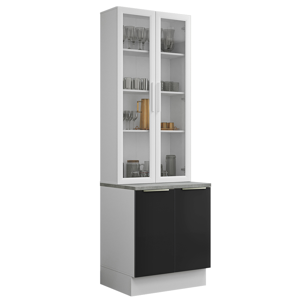 Kit Gabinete Bajo 2 Puertas y Vitrina 70 cm Blanco/Negro Lux Madesa