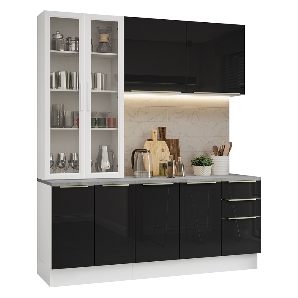 Cocina Compacta 190 cm Con Vitrina Blanco/Negro Lux Madesa