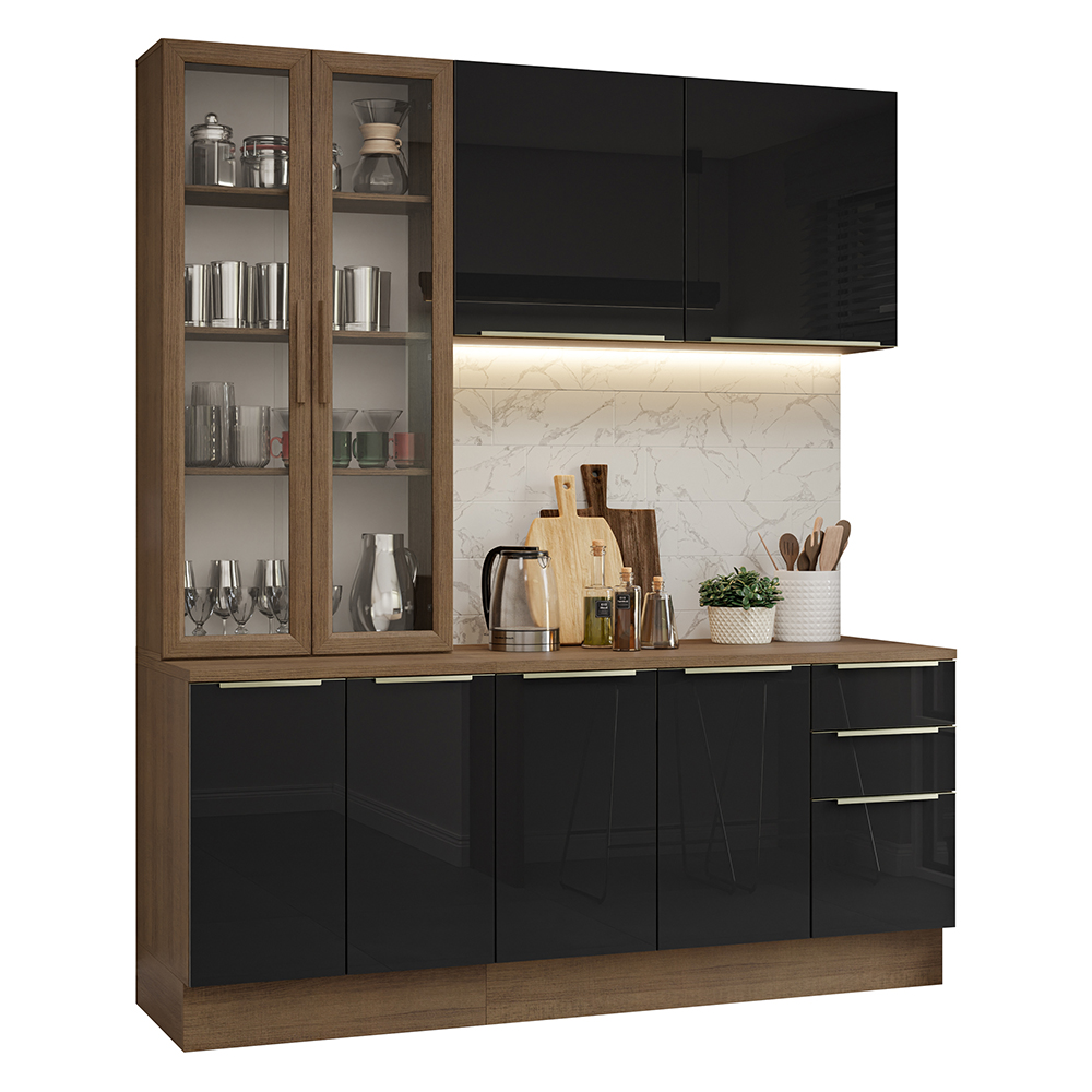 Cocina Compacta 190 cm Con Vitrina Marrón/Negro Lux Madesa