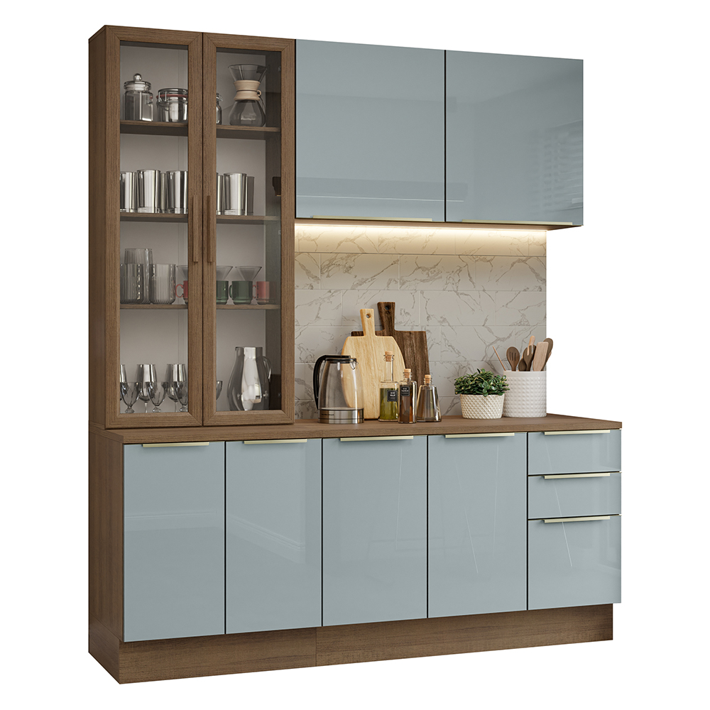Cocina Compacta 190 cm Con Vitrina Marrón/Gris Lux Madesa