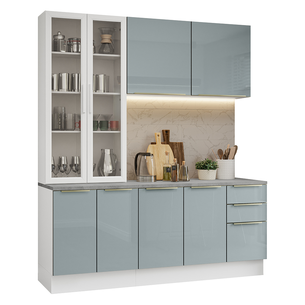 Cocina Compacta 190 cm Con Vitrina Blanco/Gris Lux Madesa