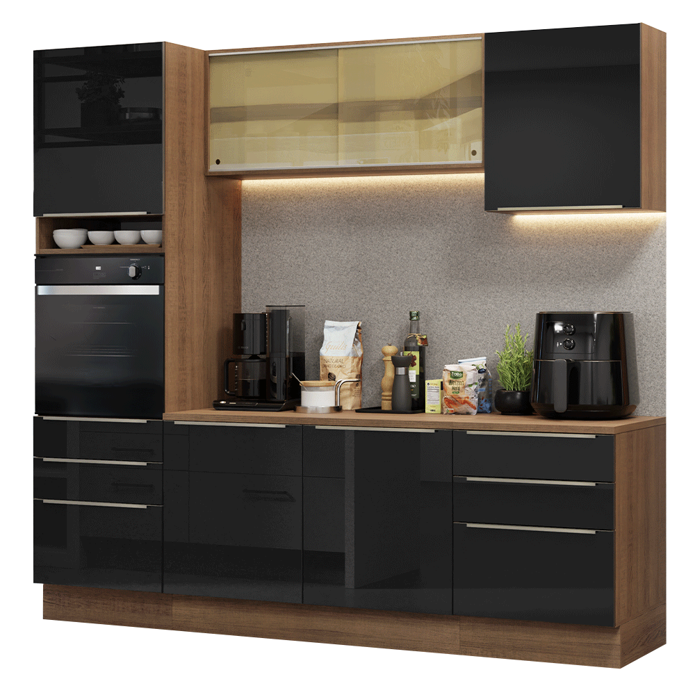 Cocina Integral 240 x 60 cm 6 Puertas 6 Cajones Con Mueble para Horno Marrón/Negro Lux Madesa 08