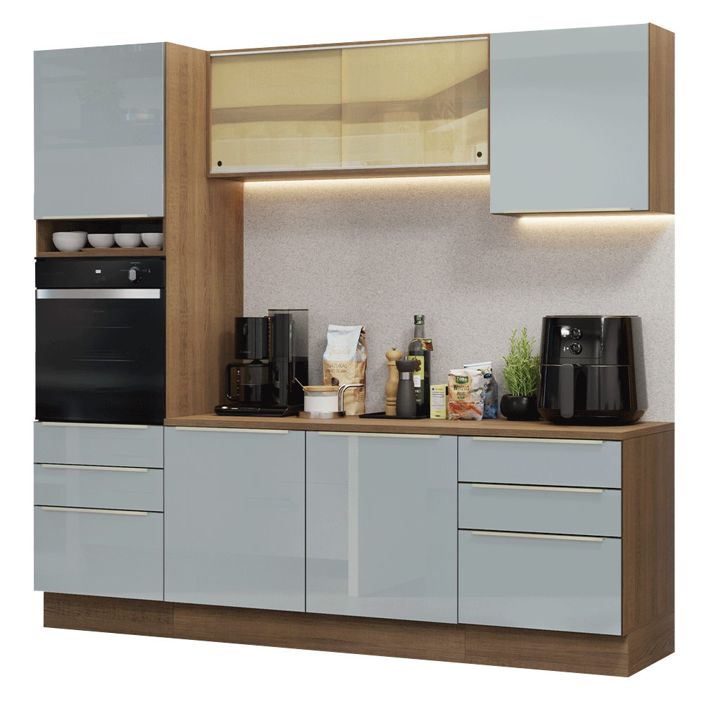 Cocina Integral 240 x 60 cm 6 Puertas 6 Cajones Con Mueble para Horno Marrón/Gris Lux Madesa 08