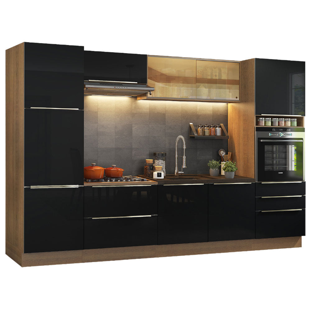 Cocina Integral 320 x 60 cm 9 Puertas 5 Cajones Con Mueble para Horno Marrón/Negro Lux Madesa 01