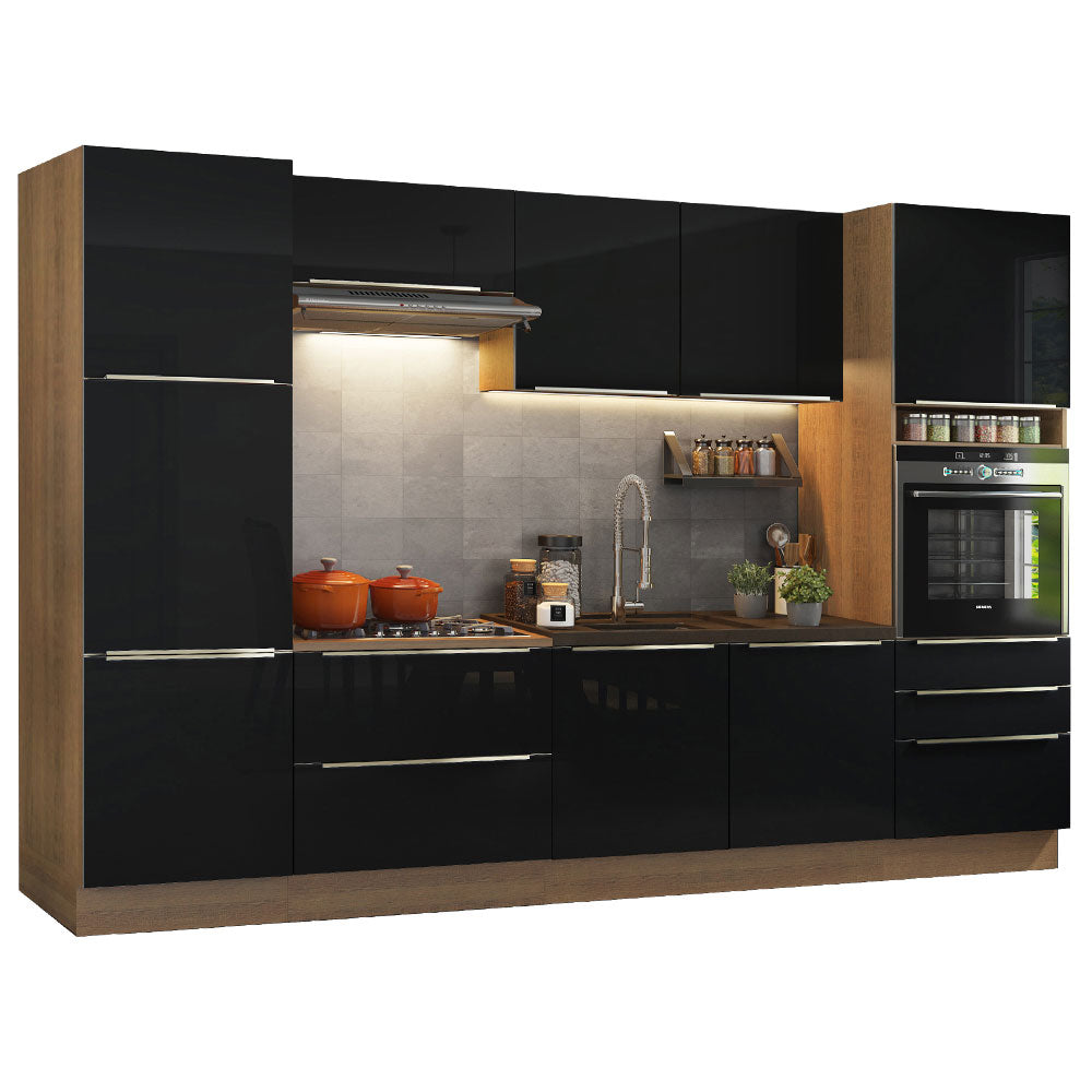 Cocina Integral 320 x 60 cm 9 Puertas 5 Cajones Con Mueble para Horno Marrón/Negro Lux Madesa 03