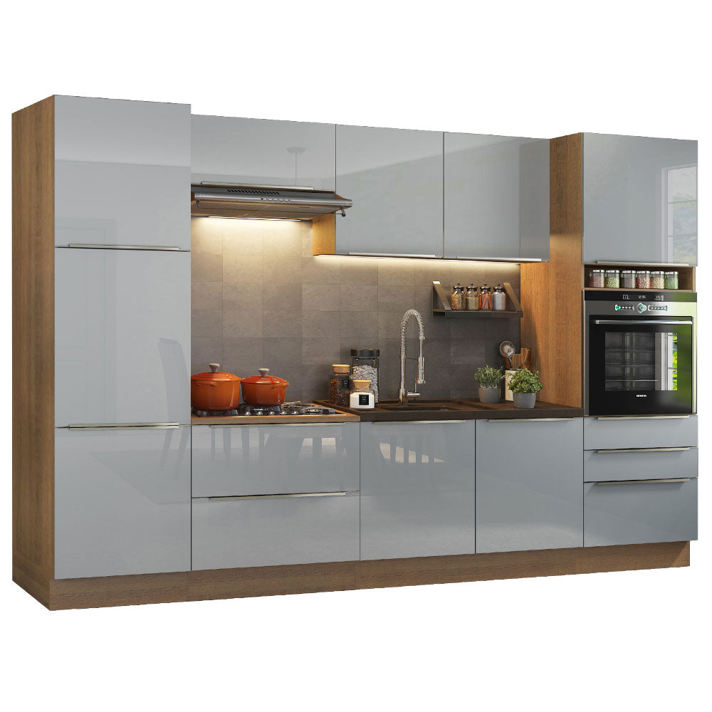 Cocina Integral 320 x 60 cm 9 Puertas 5 Cajones Con Mueble para Horno Marrón/Gris Lux Madesa 03
