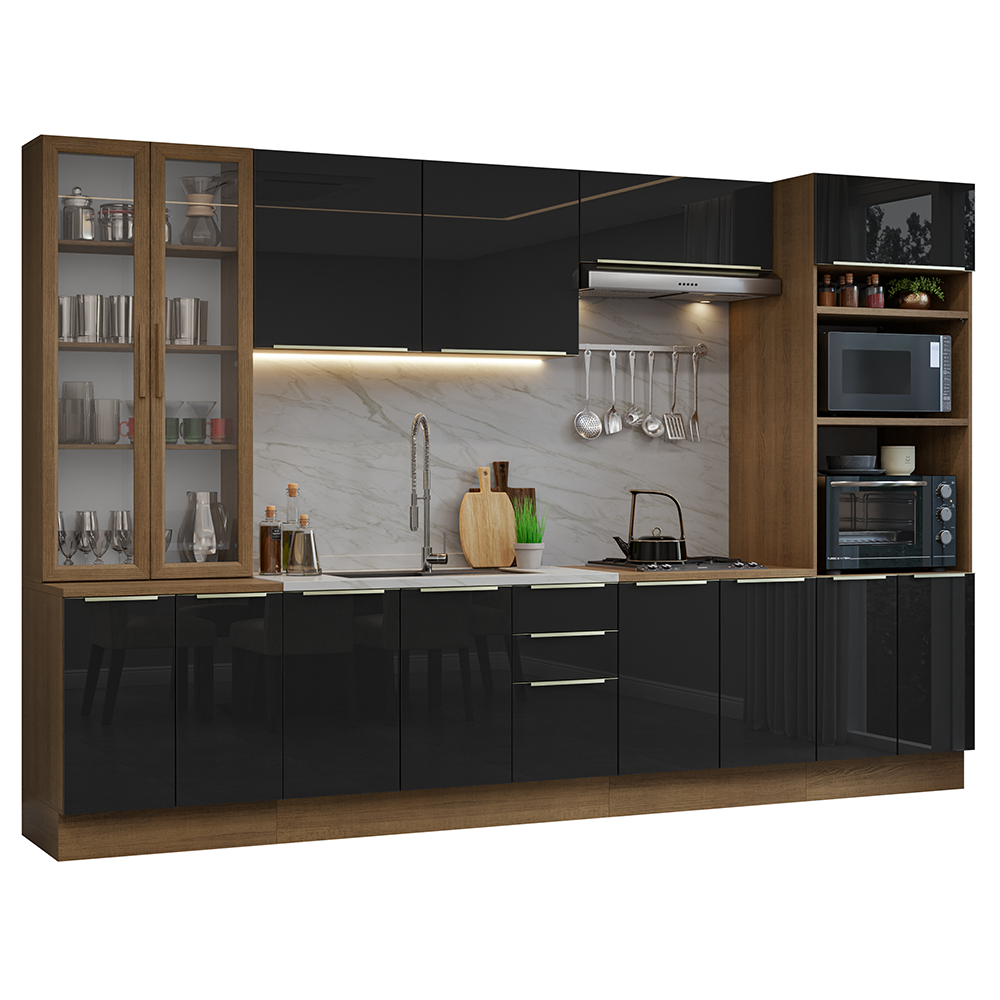 Cocina Integral 340 x 60 cm 14 Puertas 3 Cajones Con Vitrina Marrón/Negro Lux Madesa 02