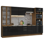 Cocina Integral 340 x 60 cm 14 Puertas 3 Cajones Con Vitrina Marrón/Negro Lux Madesa 02