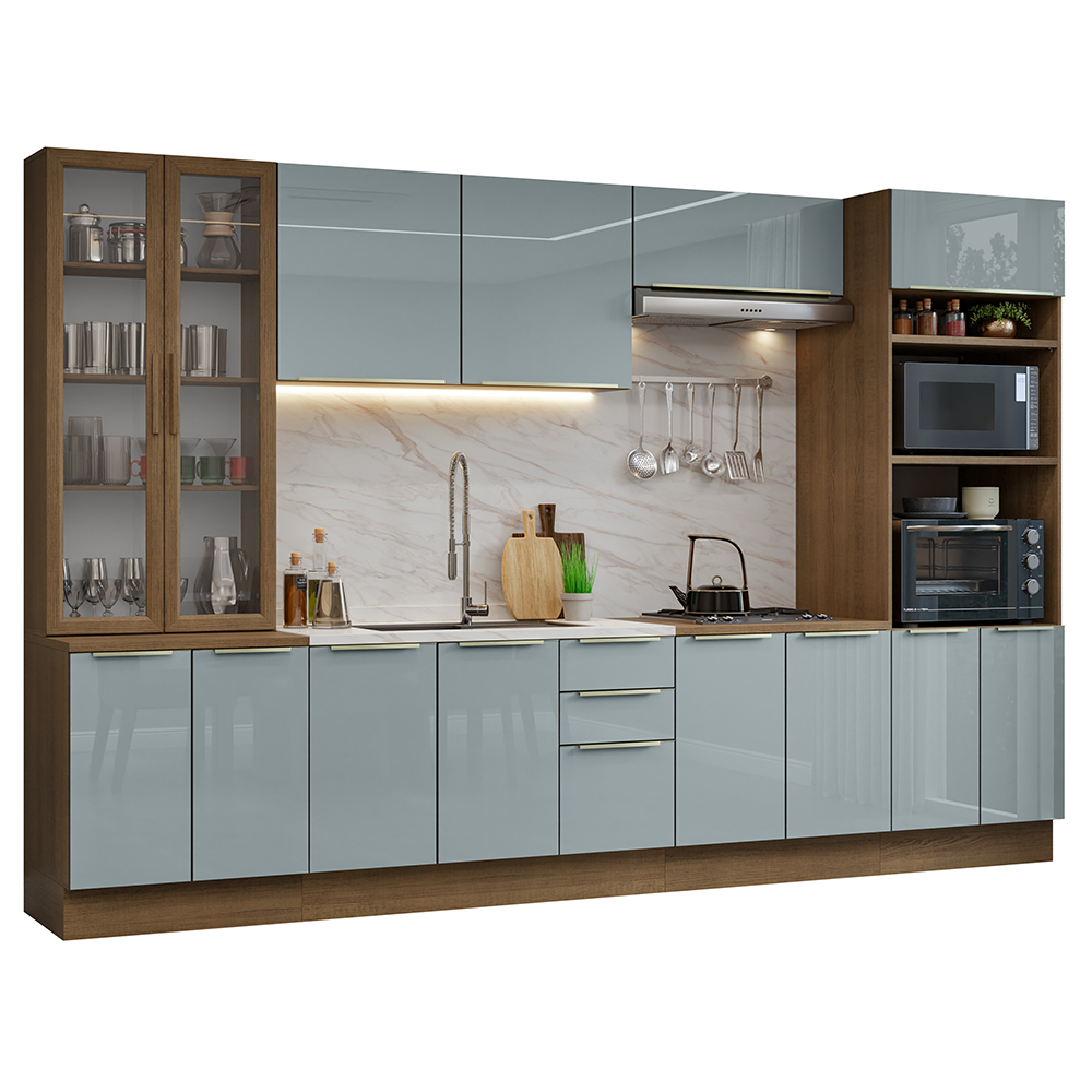 Cocina Integral 340 x 60 cm 14 Puertas 3 Cajones Con Vitrina Marrón/Gris Lux Madesa 02