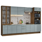 Cocina Integral 340 x 60 cm 14 Puertas 3 Cajones Con Vitrina Marrón/Gris Lux Madesa 02