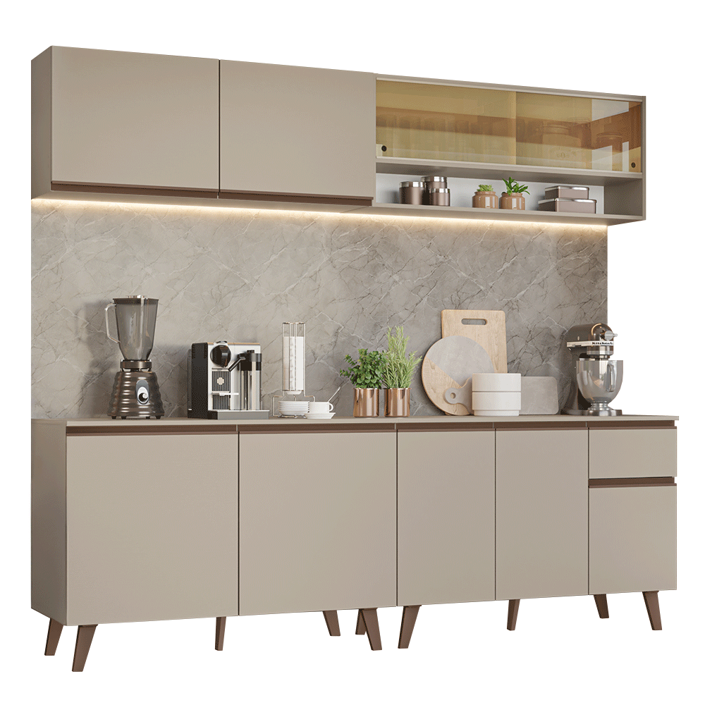 Cocina Integral 240 x 52 cm 9 Puertas 1 Cajón Crema Nice Madesa 03