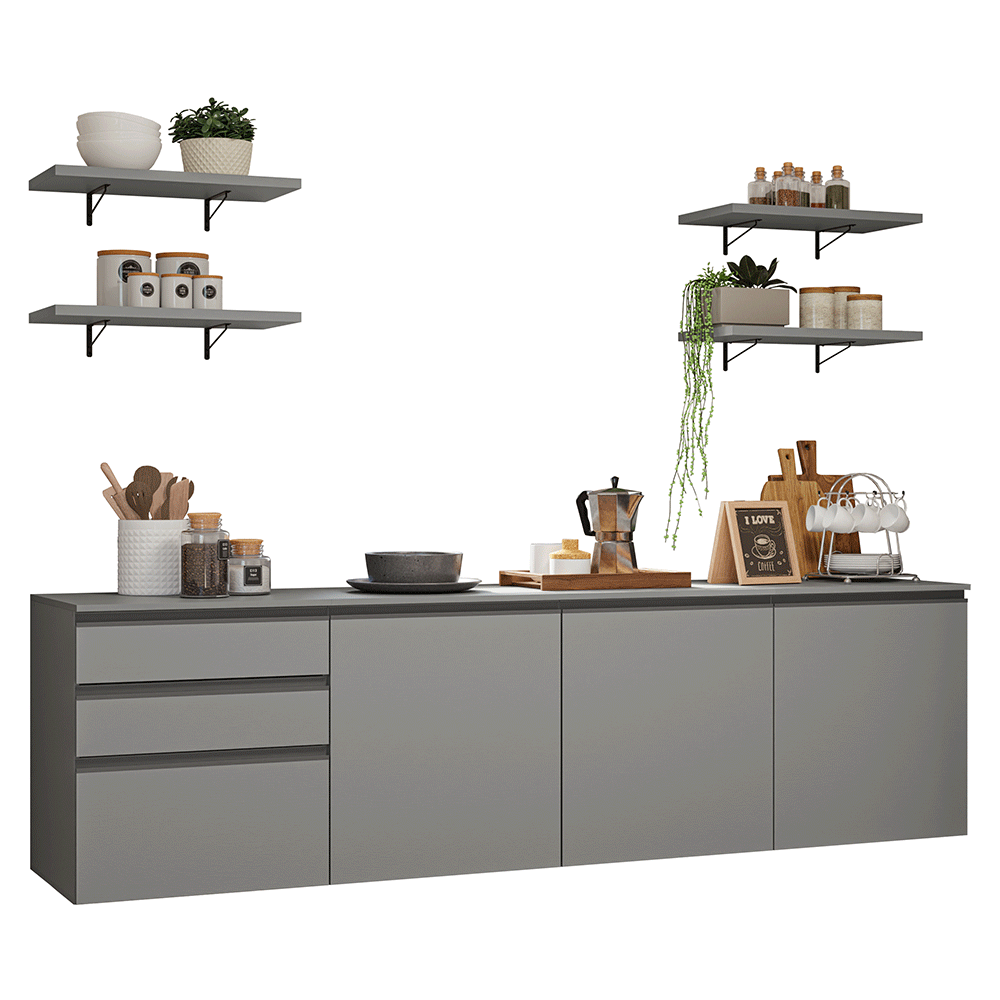Kit 3 Gabinetes Bajos de Cocina Flotante 240 cm Gris Nice Madesa