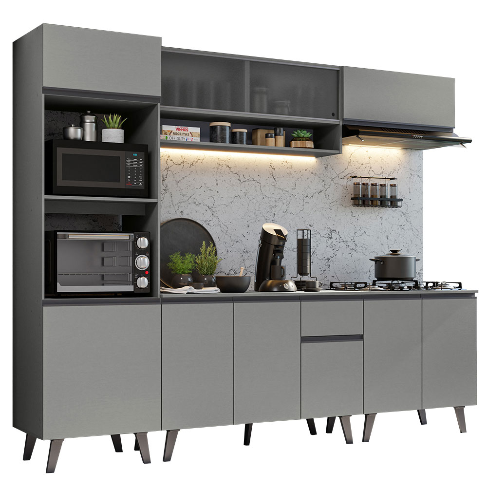Cocina Integral 260 x 52 cm 10 Puertas 1 Cajón Con Mueble para Horno Gris Nice Madesa 02