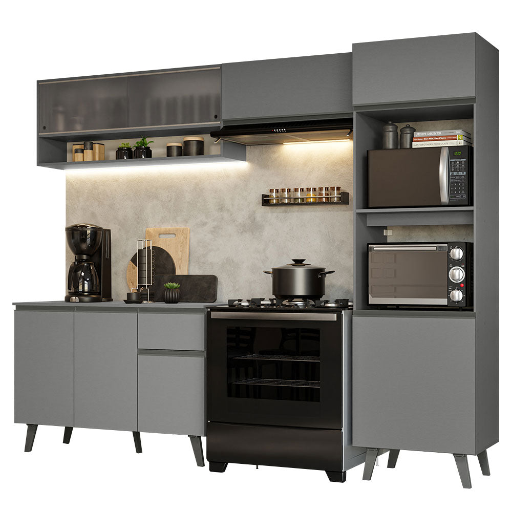 Cocina Integral 260 x 52 cm 8 Puertas 1 Cajón Con Mueble para Horno Gris Nice Madesa 09