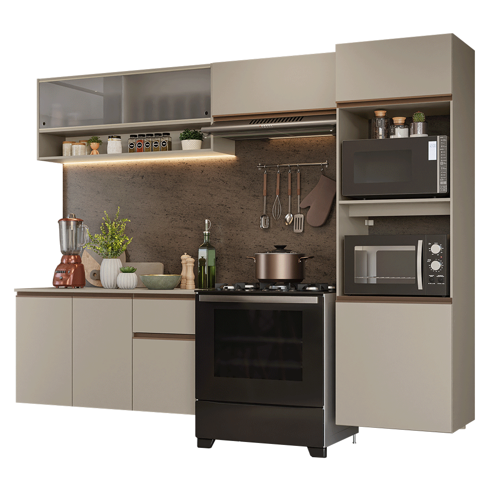Cocina Integral Flotante 260 cm Con Mueble para Horno Crema Nice Madesa