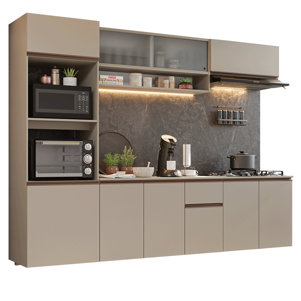 Cocina Integral Flotante 260 cm Con Mueble para Horno Crema Nice Madesa