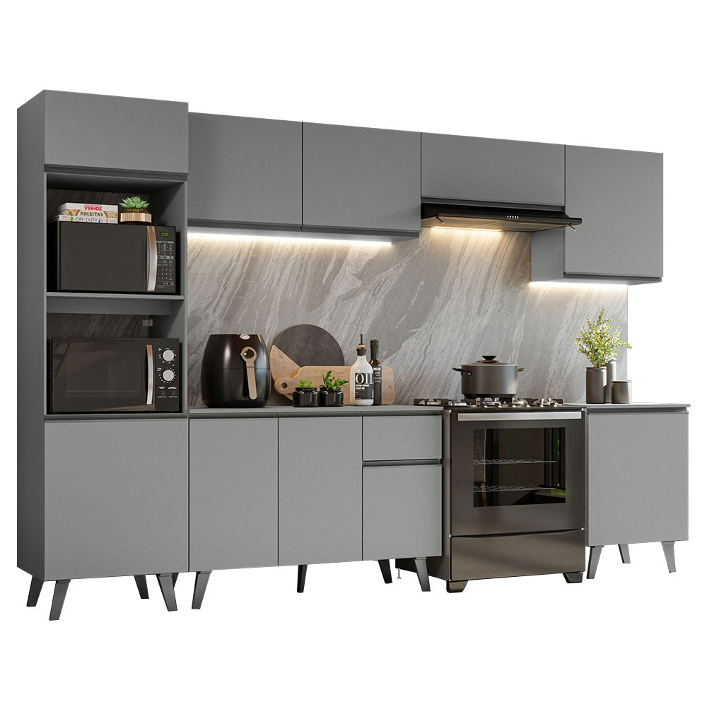 Cocina Integral 320 x 52 cm 10 Puertas 1 Cajón Con Mueble para Horno Gris Nice Madesa