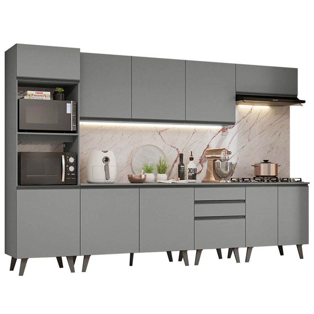 Cocina Integral 320 x 52 cm 10 Puertas 3 Cajones Con Mueble para Horno Gris Nice Madesa