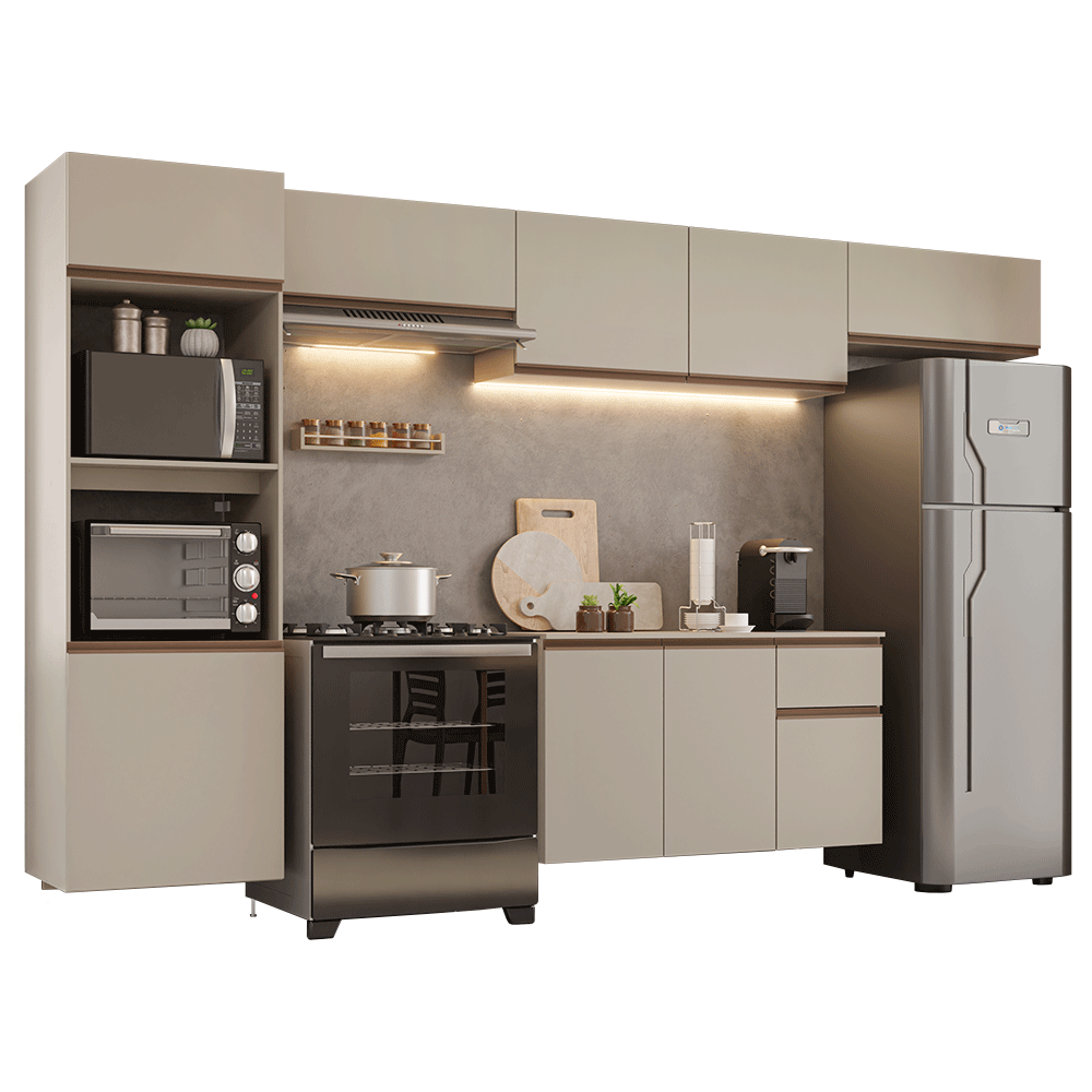 Cocina Integral Flotante 340 cm Con Mueble para Horno Crema Nice Madesa