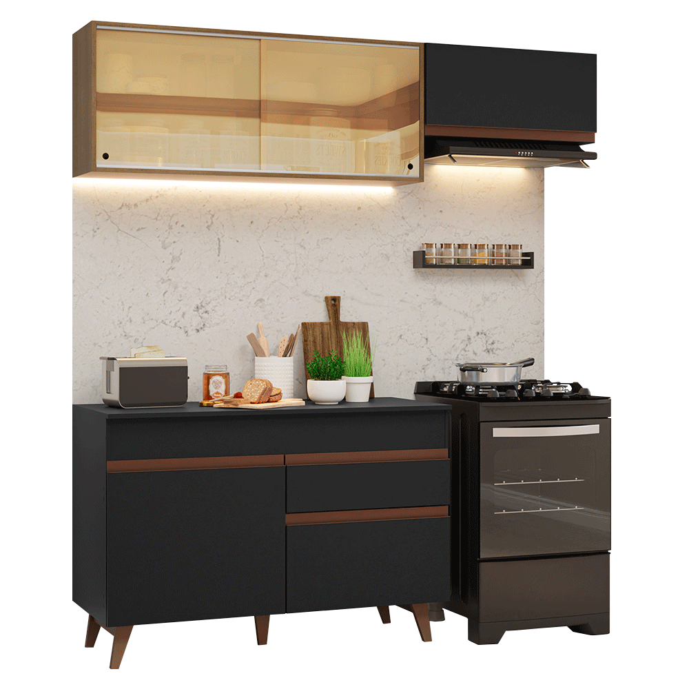 Cocina Compacta 190 x 52 cm 5 Puertas 1 Cajón Negro/Marrón Reims Madesa 05