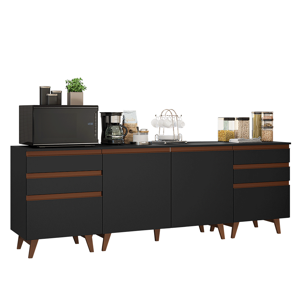 Kit 3 Gabinetes Bajos de Cocina 240 cm Negro Reims Madesa
