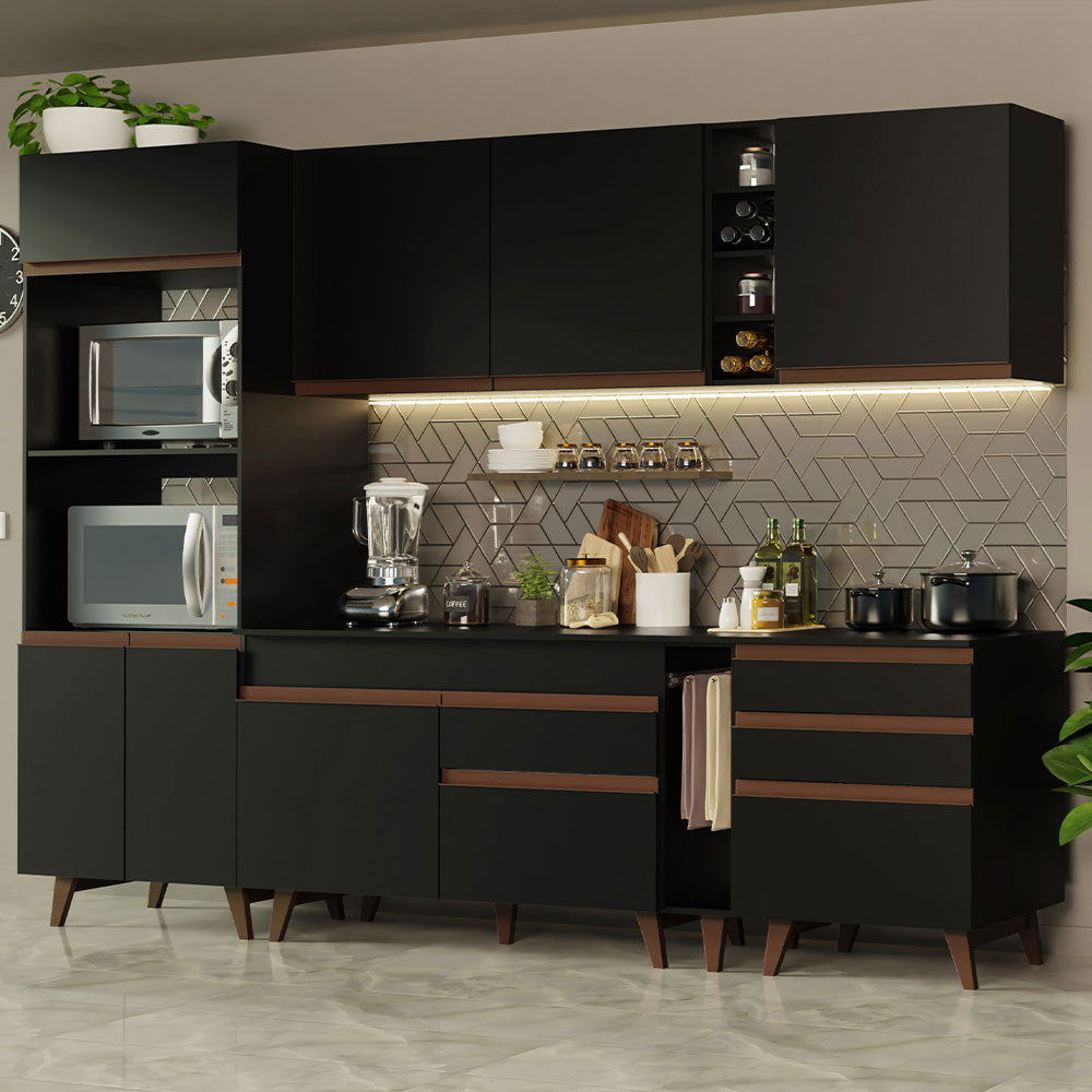 Cocina Integral 270 x 52 cm 8 Puertas 4 Cajones Con Mueble para Horno Negro Reims Madesa 02