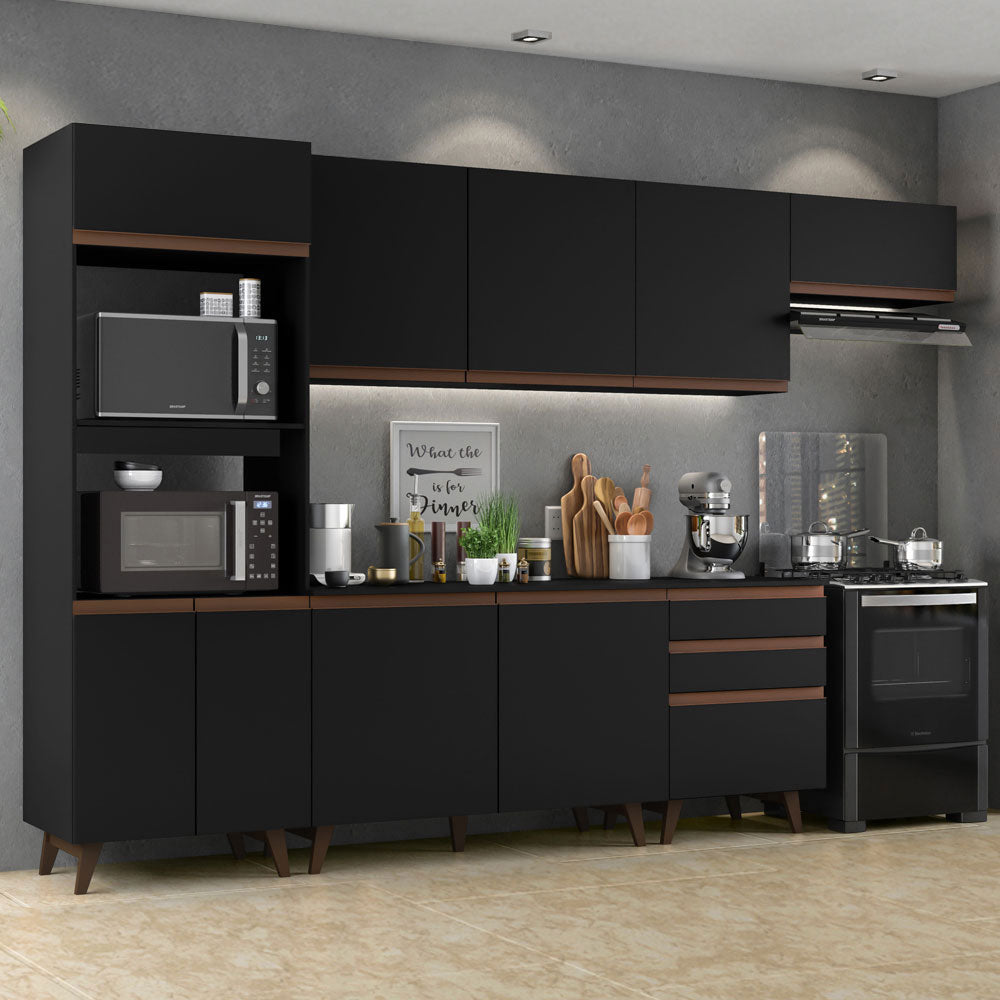 Cocina Integral 320 x 52 cm 9 Puertas 3 Cajones Con Mueble para Horno Negro Reims Madesa