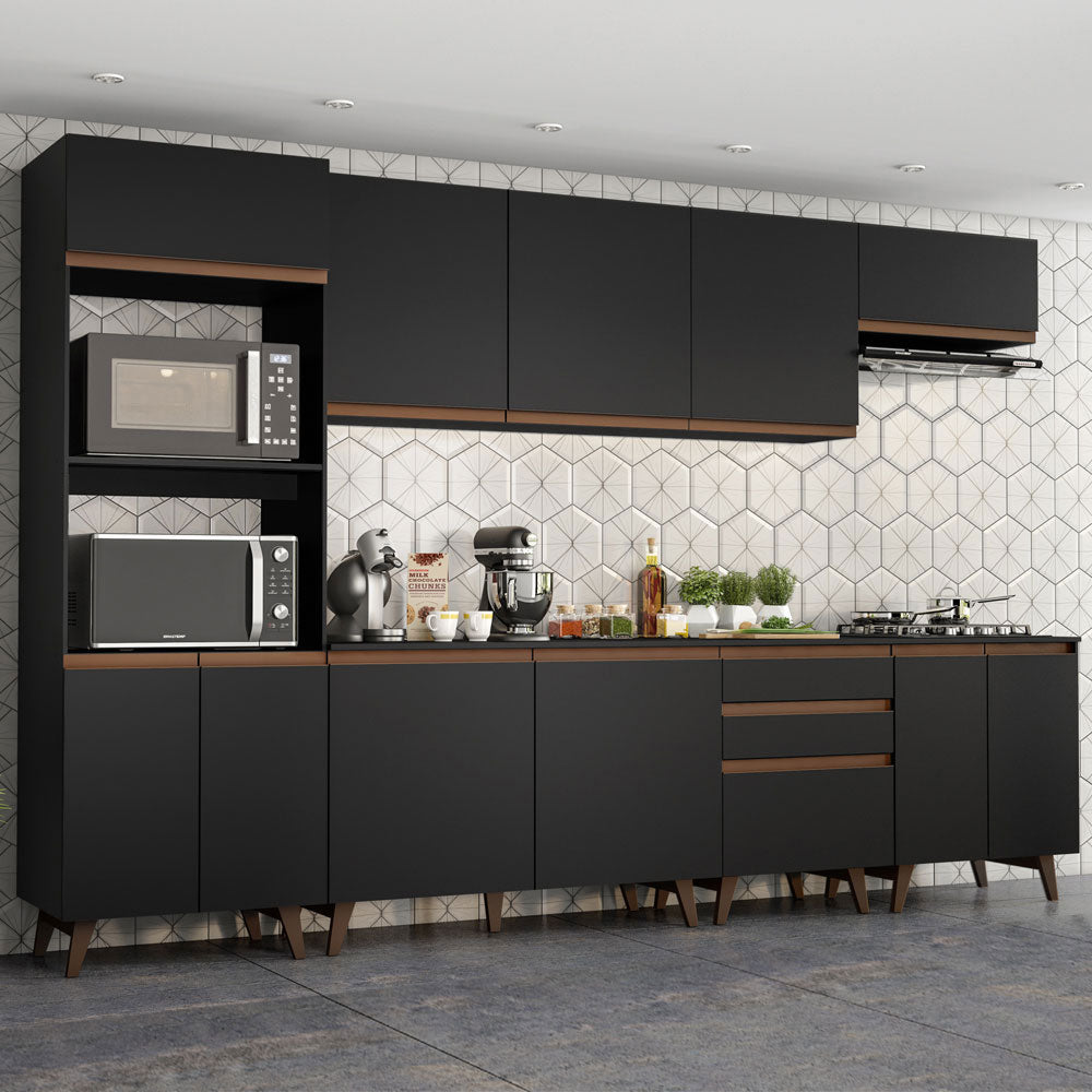 Cocina Integral 320 x 52 cm 11 Puertas 3 Cajones Con Mueble para Horno Negro Reims Madesa