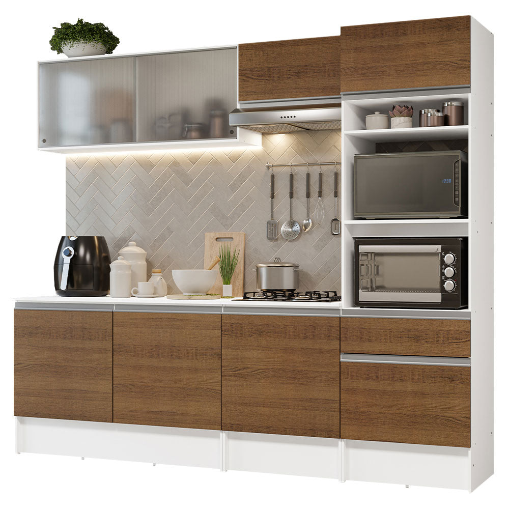 Cocina Integral 240 x 52 cm 8 Puertas 1 Cajón Con Mueble para Horno Blanco/Marrón Topázio Madesa 05
