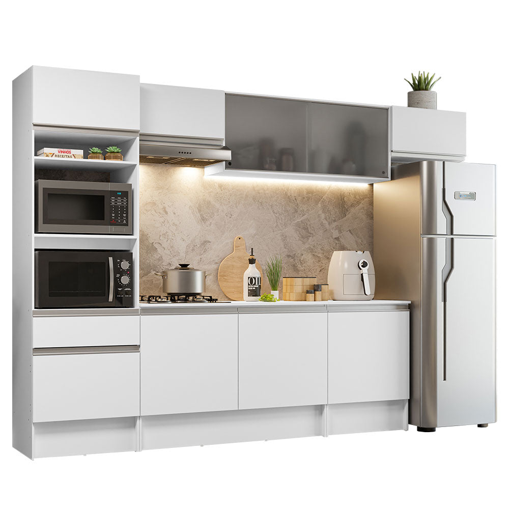 Cocina Integral 300 x 52 cm 9 Puertas 1 Cajón Con Mueble para Horno Blanco Topázio Madesa 01