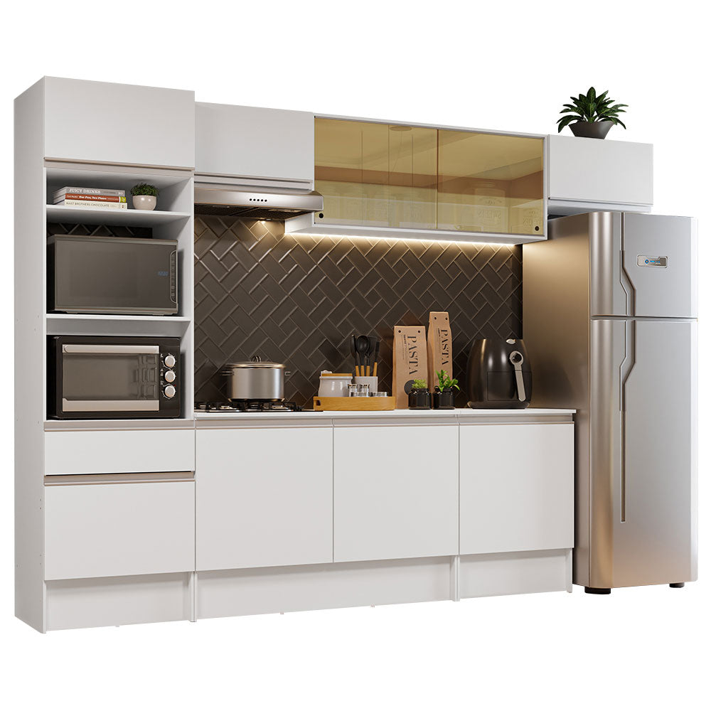 Cocina Integral 300 x 52 cm 9 Puertas 1 Cajón Con Mueble para Horno Blanco Topázio Madesa 02