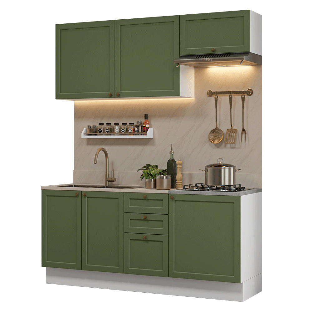 Cocina Compacta 180 x 52 cm 6 Puertas 3 Cajones Blanco/Verde Vik Madesa 01