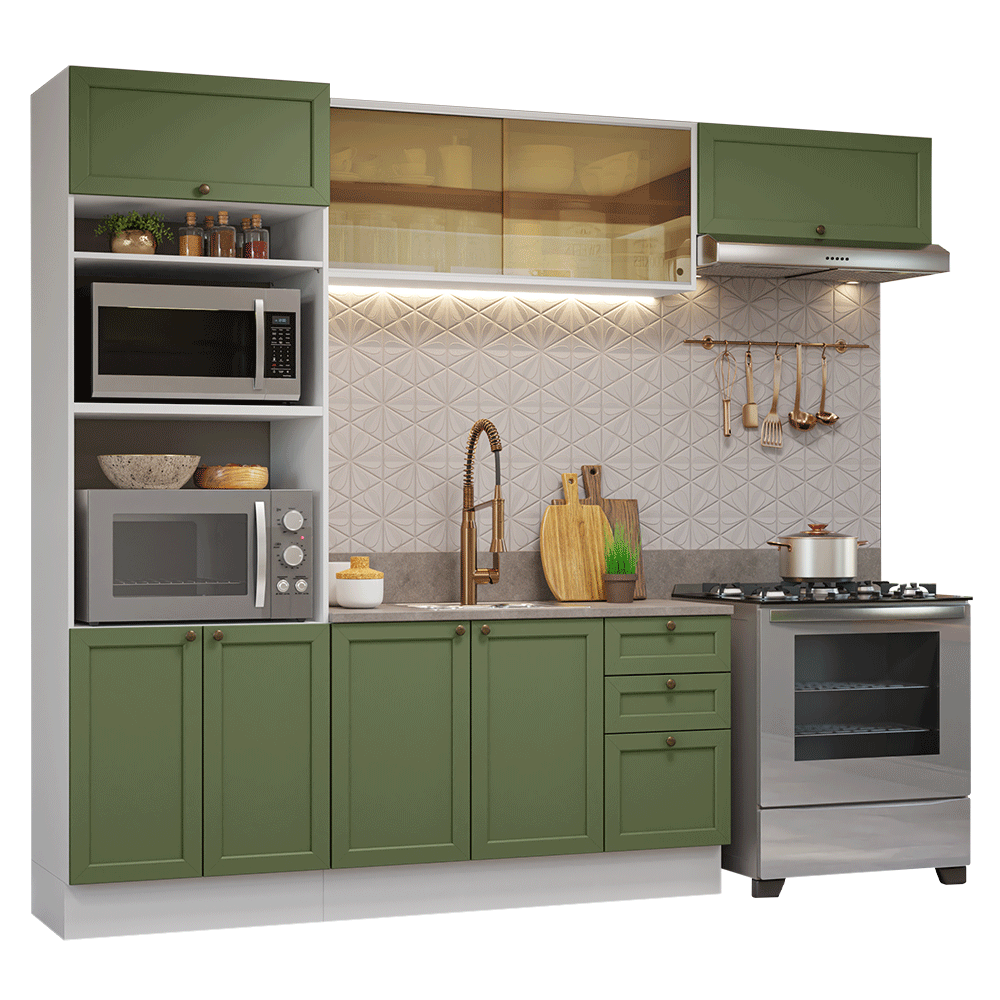 Cocina Integral 270 x 52 cm 8 Puertas 3 Cajones Con Mueble para Horno Blanco/Verde Vik Madesa 04