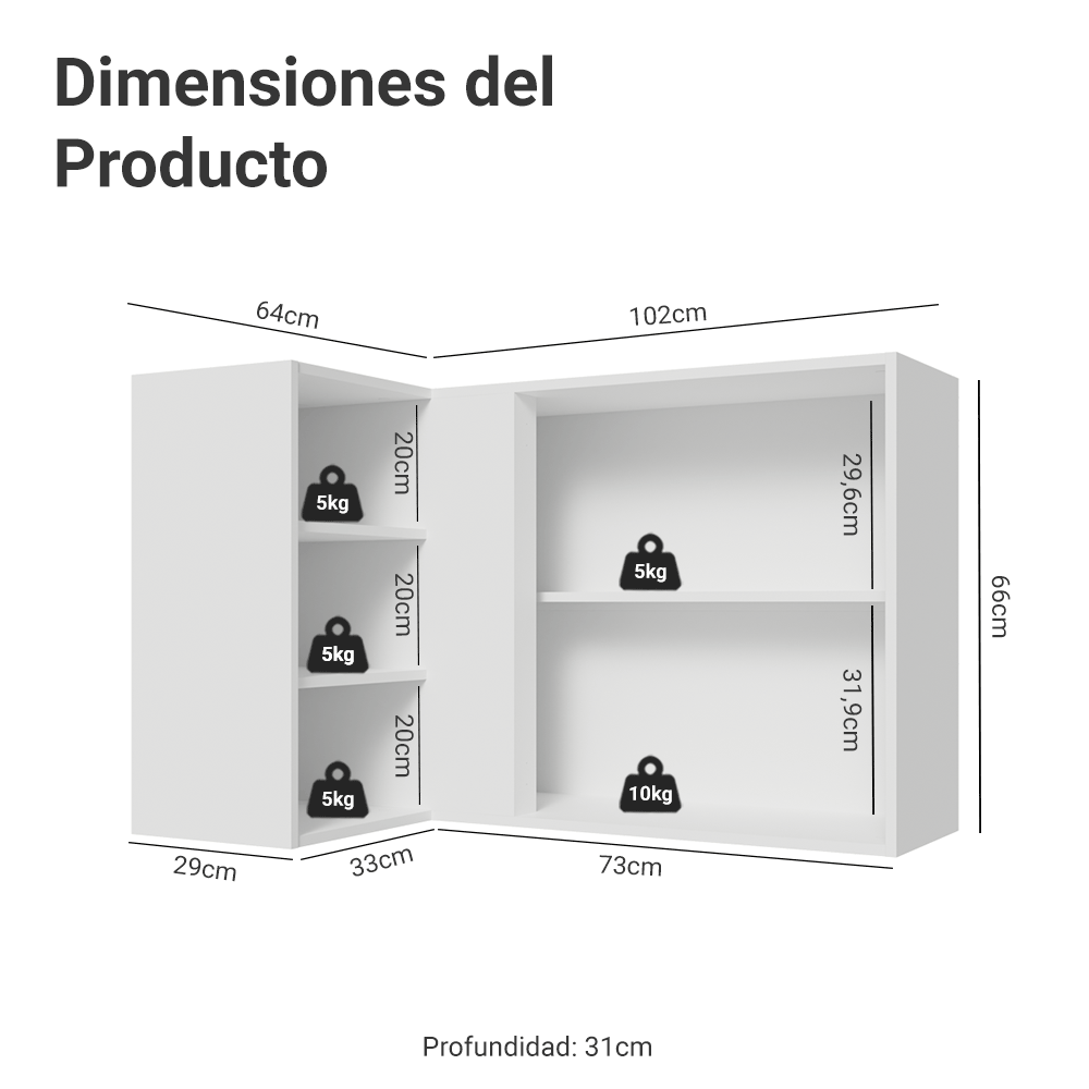 Gabinete Superior Esquinero para Recámara 166 cm 1 Puerta 3 Nichos Blanco Neo Madesa