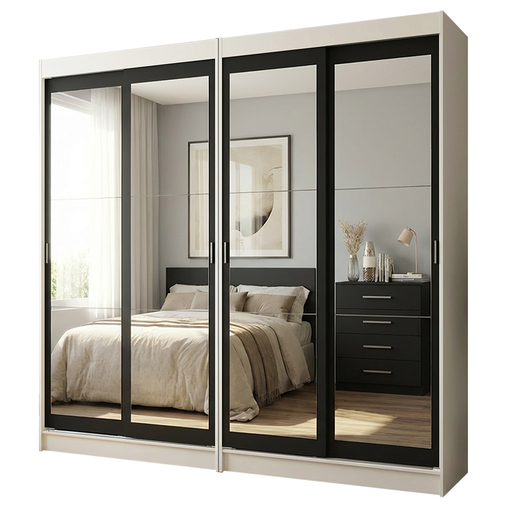 Conjunto de 2 Clósets 4 Puertas Corredizas con 4 Espejos Blanco/Negro Tokio Madesa